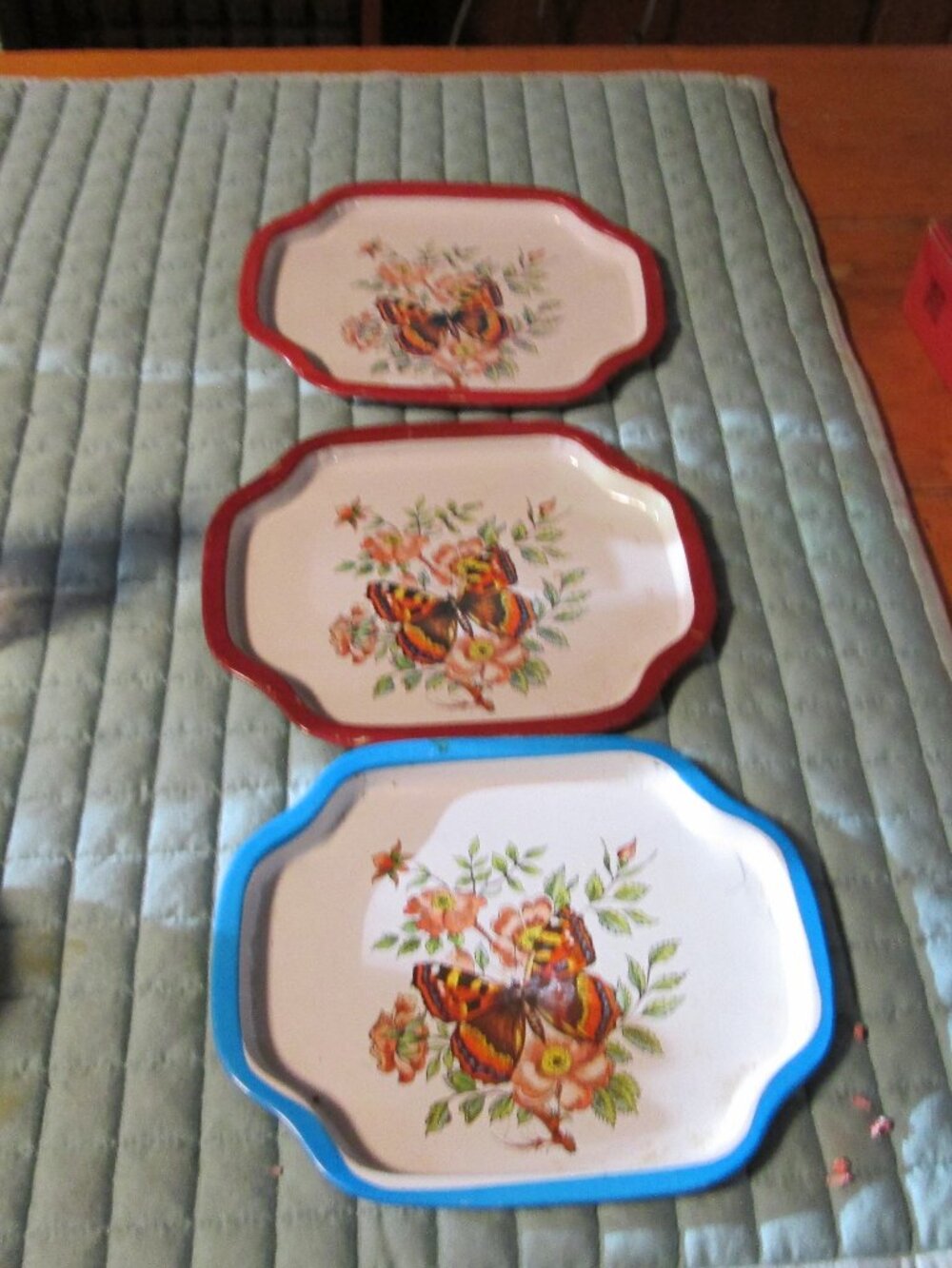 3 vtg metalware butterfly cottage core snack trays 7 x5